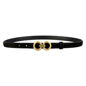 Women genuine leather belt minimalist retro fashion gold double ring buckle jeans accessory
