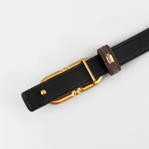 Close-up of a women's black leather belt with unique gold metal buckle and brown suede loop.