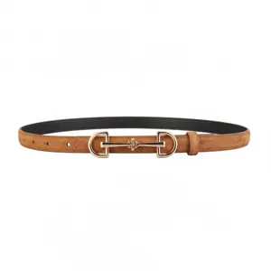 Close-up detail of the brown suede women belt featuring a gold tone horsebit metal buckle.