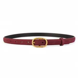 Burgundy suede womens belt with retro bronze oval buckle minimalist stylish casual waist belt