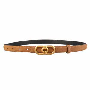 Brown suede belt for women with gold metal buckle, stylish thin waist belt for dresses and suits.