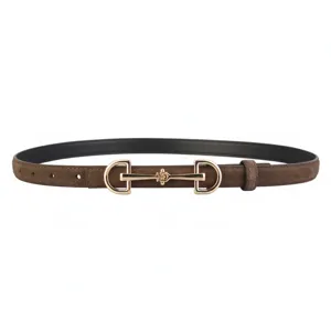Retro slim suede women belt with gold horsebit buckle for dresses and jeans casual wear.