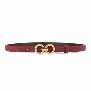 Elegant burgundy suede belt featuring a vintage gold double ring buckle for women fashion.