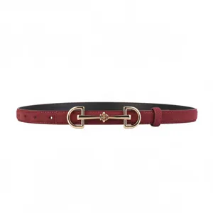 Wine red suede belt with gold horsebit buckle, vintage slim waist belt for women dresses.