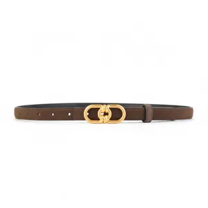 Brown suede women belt with gold metal twist buckle, stylish accessory for dress and trousers.