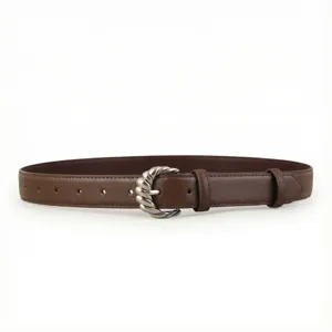 Brown leather belt for women with stylish twisted metal buckle, perfect detail view.