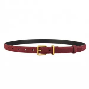 Women's vintage suede belt with gold buckle retro slim decorative waist belt for dress.