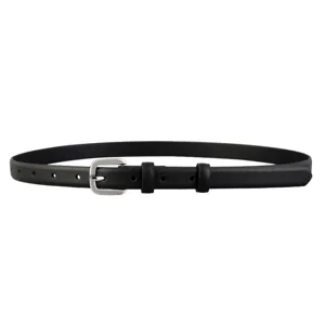 Ceinture en cuir noir pour femme avec boucle ardillon argentée, style minimaliste chic