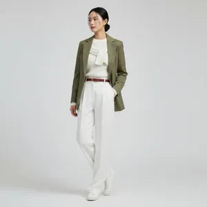 Stylish women's outfit featuring a green blazer, white knit top, trousers, and belt.