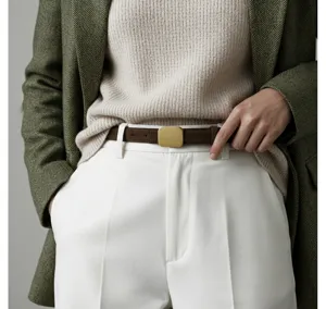 Gros plan d'une ceinture en cuir suédé marron avec une boucle carrée dorée minimaliste.
