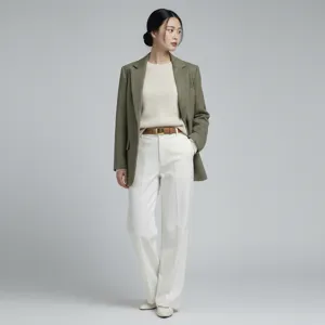 vue de détail d'une élégante ceinture en cuir pour femme avec blazer et pantalon.