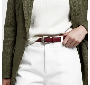 Women leather belt maroon burgundy retro metal buckle casual fashion pants waist belt accessory