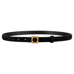 Black genuine suede leather slim belt with gold geometric square buckle detail closeup view.
