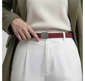 Women red elastic waist belt with square silver buckle detail styling close up view