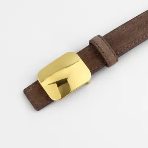 Détail de ceinture en cuir suédé marron avec boucle en métal doré pour femmes chic.