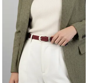 Women burgundy leather belt with metal pin buckle, stylish accessory for casual and chic outfits.