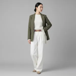 Stylish women's leather belt paired with a chic green blazer and white trousers for daily wear.