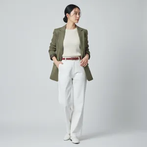 Detailed view of a stylish green blazer and white trousers worn by a model in a studio.