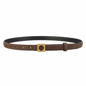 Detailed view of brown suede leather belt featuring chic square buckle for dress styling.