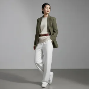 Ensemble décontracté élégant pour femme avec blazer vert, pull blanc, pantalon et ceinture.