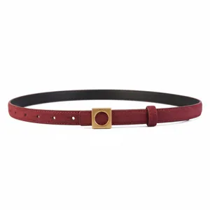 Burgundy suede slim leather belt with gold square buckle, elegant dress waist accessory.