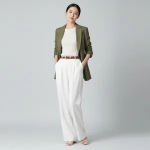 Stylish thin leather belt paired with chic wide-leg trousers and blazer outfit detail.