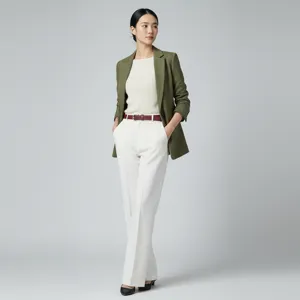 Details de la tenue elegante pour femme avec blazer vert, haut blanc et ceinture fine rouge.
