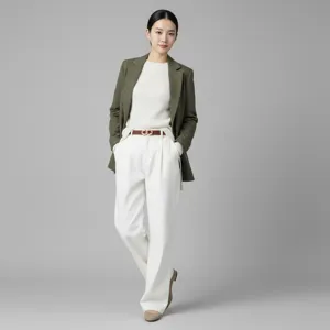Detailed view of women's genuine leather belt worn with elegant suit pants and blazer.