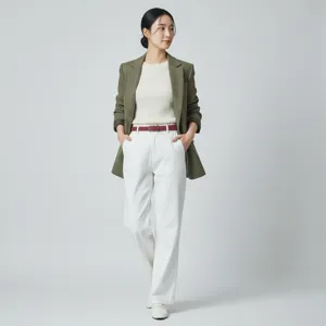Detailed view of women casual autumn outfit featuring green blazer knit top and belt.