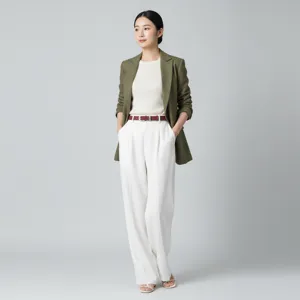 Detailed shot of women's casual blazer outfit featuring white top and wide leg pants.