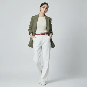 Detail view of stylish women's outfit featuring a chic red leather belt, blazer, and white trousers.