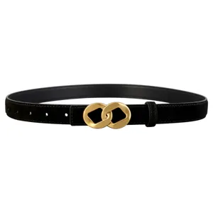 Detail view of women black suede leather belt with unique gold geometric interlocking buckle.