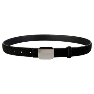 Close-up view of black suede leather belt with elegant square silver metal buckle