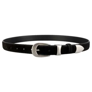 Stylish black suede women belt featuring silver tone metal buckle and tip, ideal for jeans.