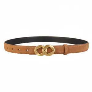 Women brown suede leather belt with gold geometric double ring buckle for jeans and suits.