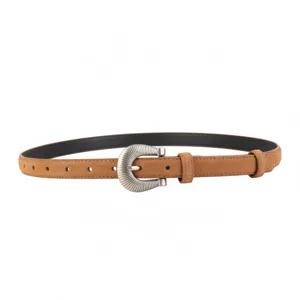 Close-up detail of the brown suede women belt featuring a vintage silver metal buckle.