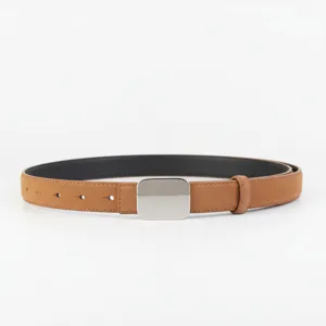Brown suede women belt featuring elegant silver square metal buckle closeup view.
