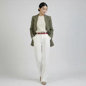 Detailed look of the genuine leather belt worn with a chic blazer and trousers ensemble.
