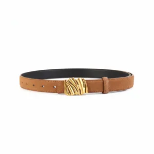 Détail en gros plan de la ceinture femme en daim marron avec boucle métallique dorée.