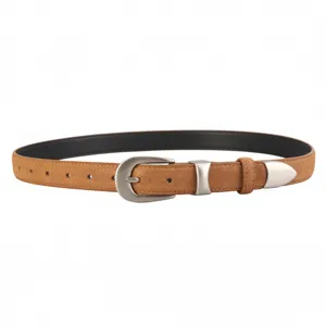 Brown suede belt detail showcasing the vintage metal buckle and tip accessory clearly.