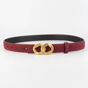 Women's stylish burgundy suede leather belt featuring a matte gold geometric buckle.