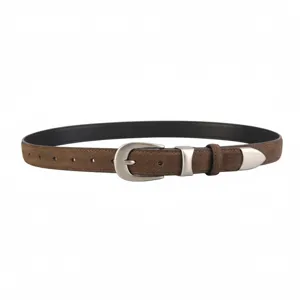 Womens brown suede belt with silver metal buckle, stylish retro accessory for jeans and casual wear.