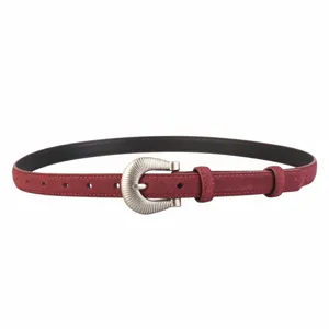Red suede leather belt for women with vintage metal buckle, chic everyday trouser accessory.