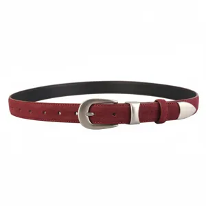Red suede belt for women, stylish vintage metal buckle casual waist belt for jeans.
