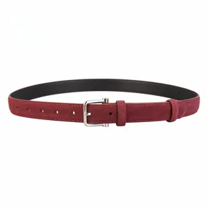 Burgundy suede belt detail showcasing the fine texture and silver metal pin buckle.