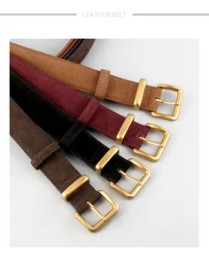 Suede women belt detail showing soft velvet texture and elegant gold square metal buckle.