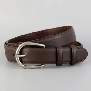 Brown genuine leather belt for women with silver metal buckle, stylish jeans accessory.