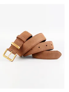 Close-up details of the brown suede women belt featuring a vintage gold metal square buckle.