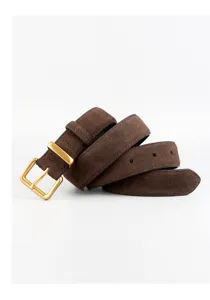 Brown suede women's belt with a gold square buckle. Premium casual jeans accessory.
