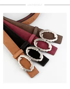 Detailed shot of womens leather belt with unique alloy buckle, showing multiple fashion colors.